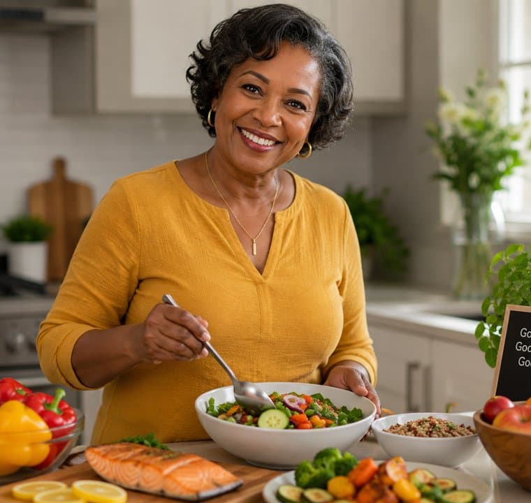 A woman smiling in her kitchen over a bowl of salad, with fish, vegetables and fruit on the counter