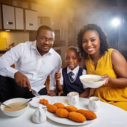 : A cup of pap on a morning table beside a wrap of moi moi and three balls of akara.