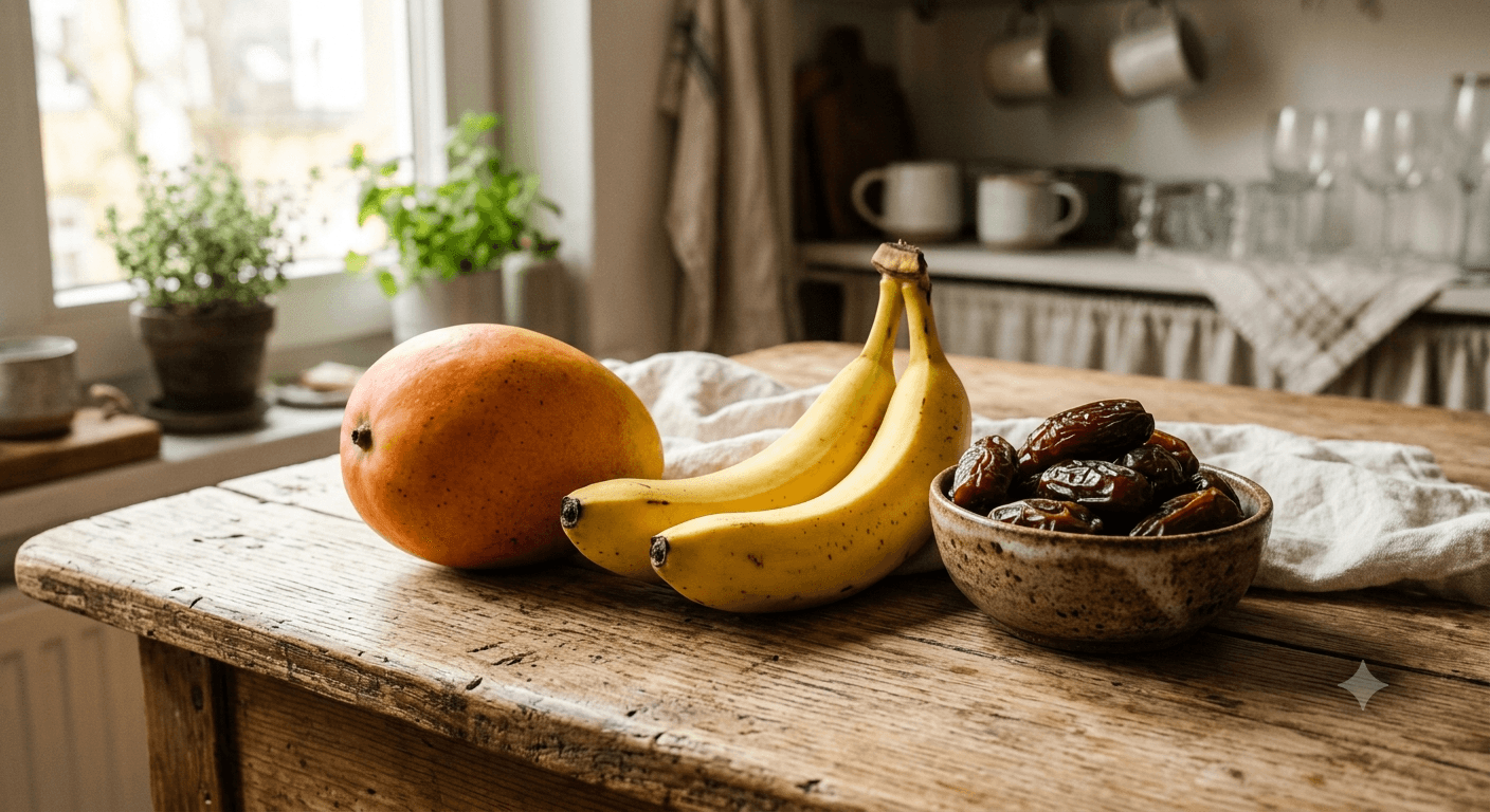 A ripe mango, two bananas and a small bowl of dates on a wooden kitchen table.