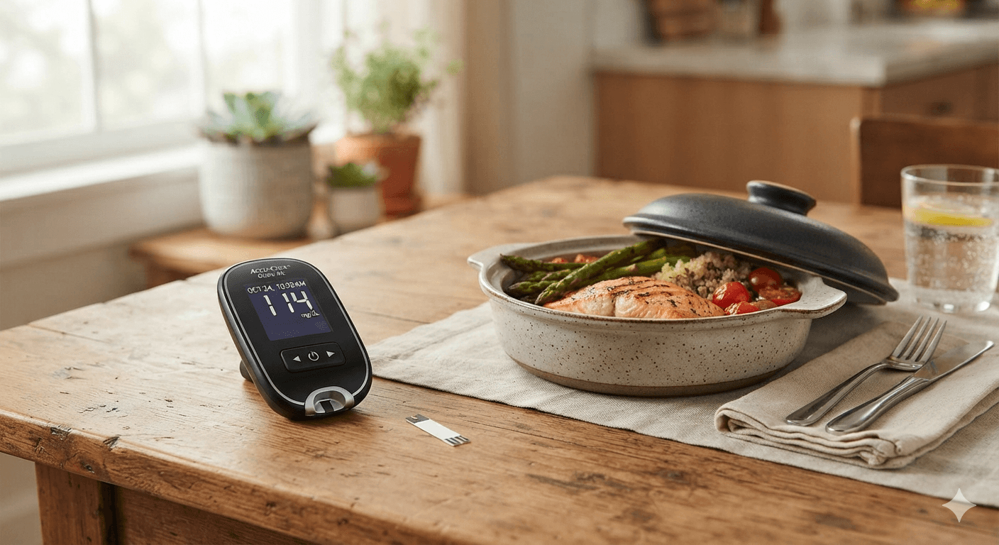 A blood sugar meter and a test strip resting on a table beside a covered dish of food.