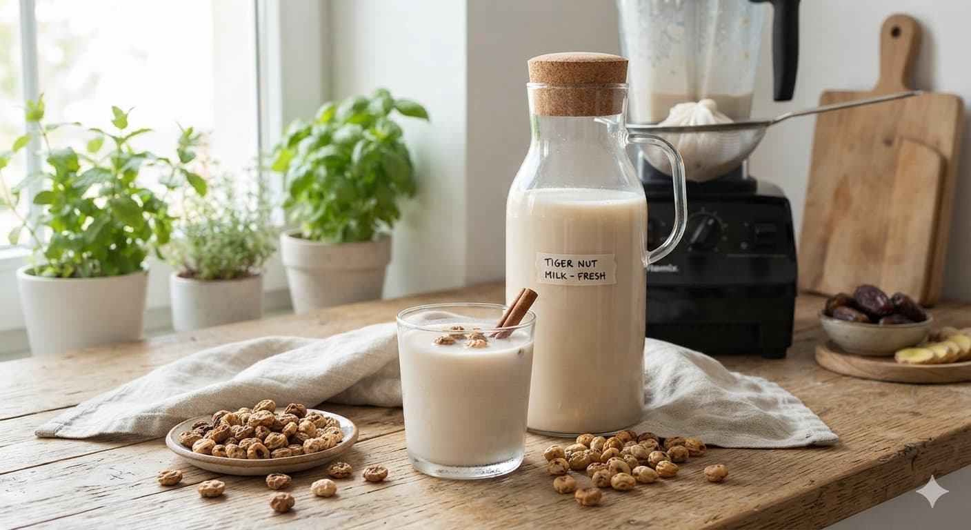 A calabash of tiger nut milk (kunu aya) beside a small pile of whole tiger nuts on a wooden table.